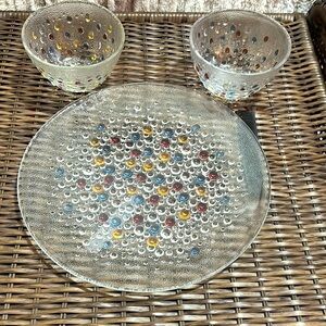 Vintage 1970s’s 3 pc Asteroid platter and 2 fruit glass bowls